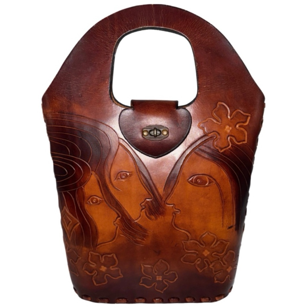 Hand-Carved Leather Tote | Faces & Flowers | Full-Grain